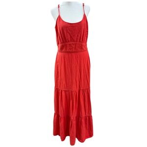 C&C California Linen Maxi Dress Women's L Orange Tiered Spaghetti Strap Boho‎
